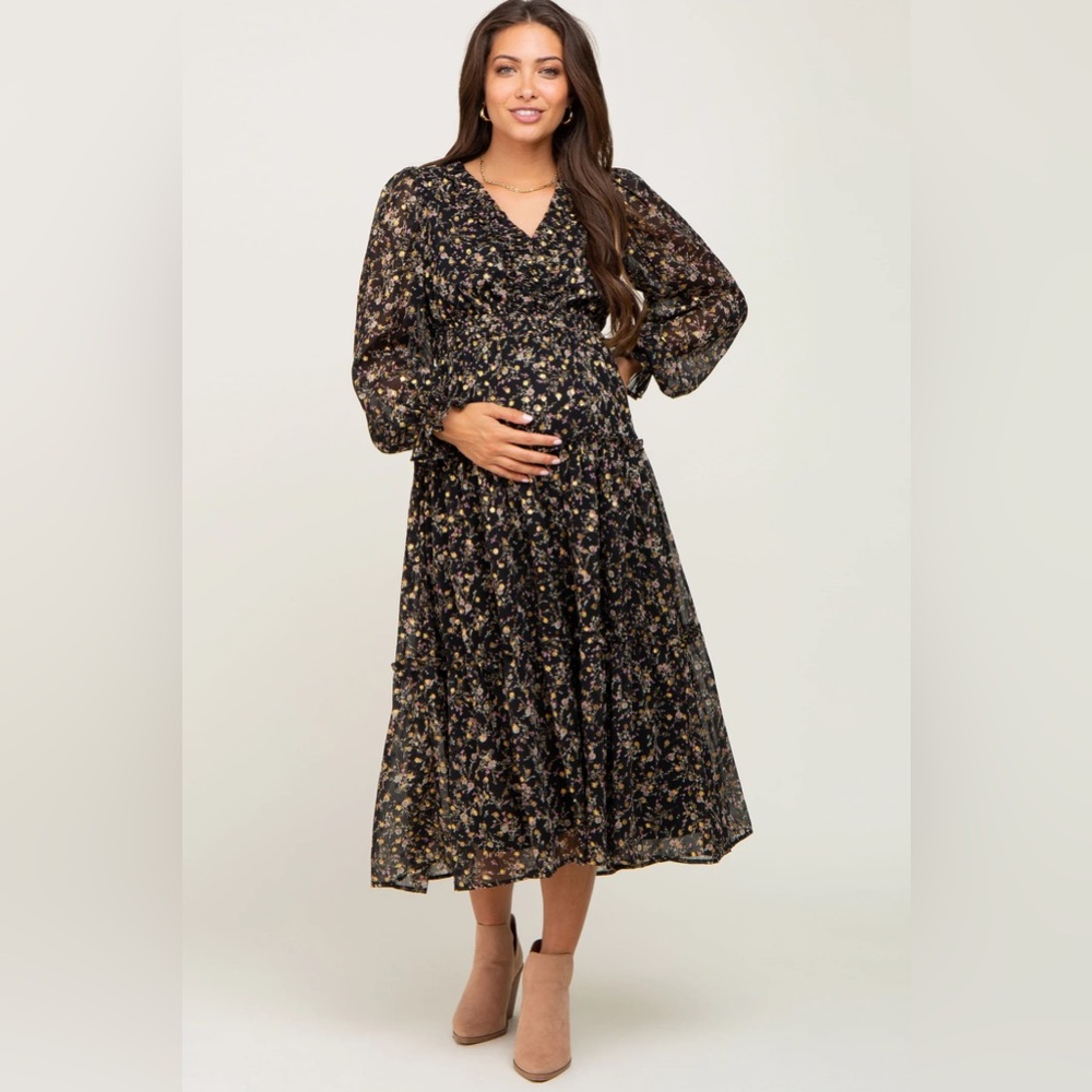 Black Floral Chiffon Ruffle Accent Maternity Midi Dress